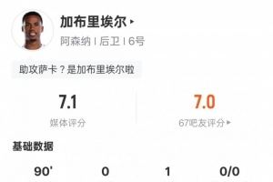 加布里埃尔本场数据：1助攻8解围+1错失进球机会，评分7.1图片